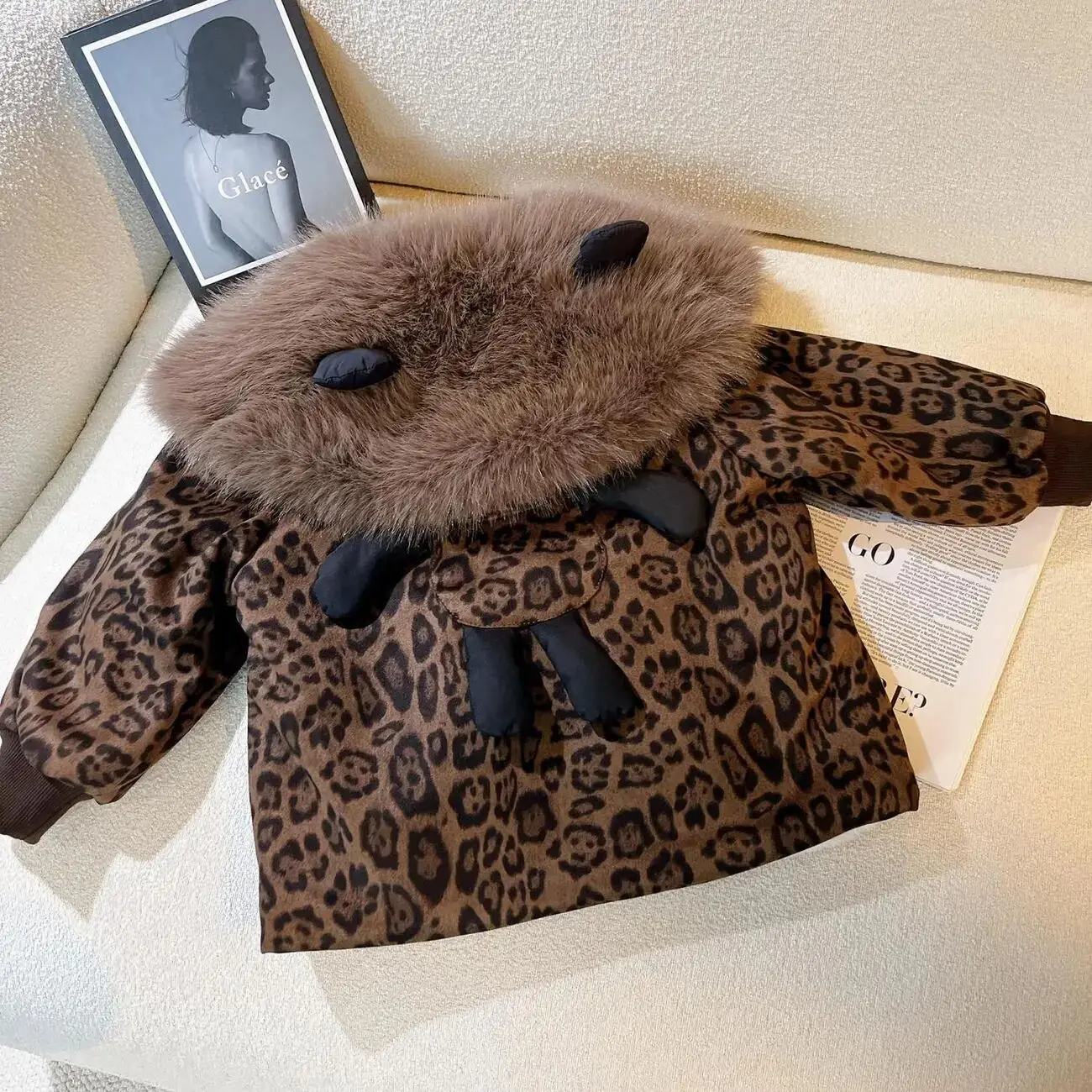

Autumn Winter Baby Girls Cotton Coat New Children's Leopard Print Parka Thickened Fur Collar Jacket