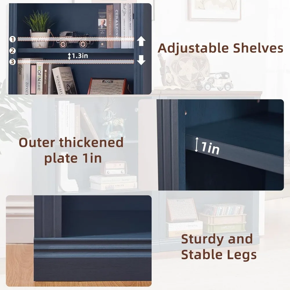 43 رف كتب أزرق طويل، رف كتب خشبي سميك من 3 طبقات مع أرفف قابلة للتعديل، خزانة كتب للمزرعة قائمة بذاتها مع شاشة مفتوحة