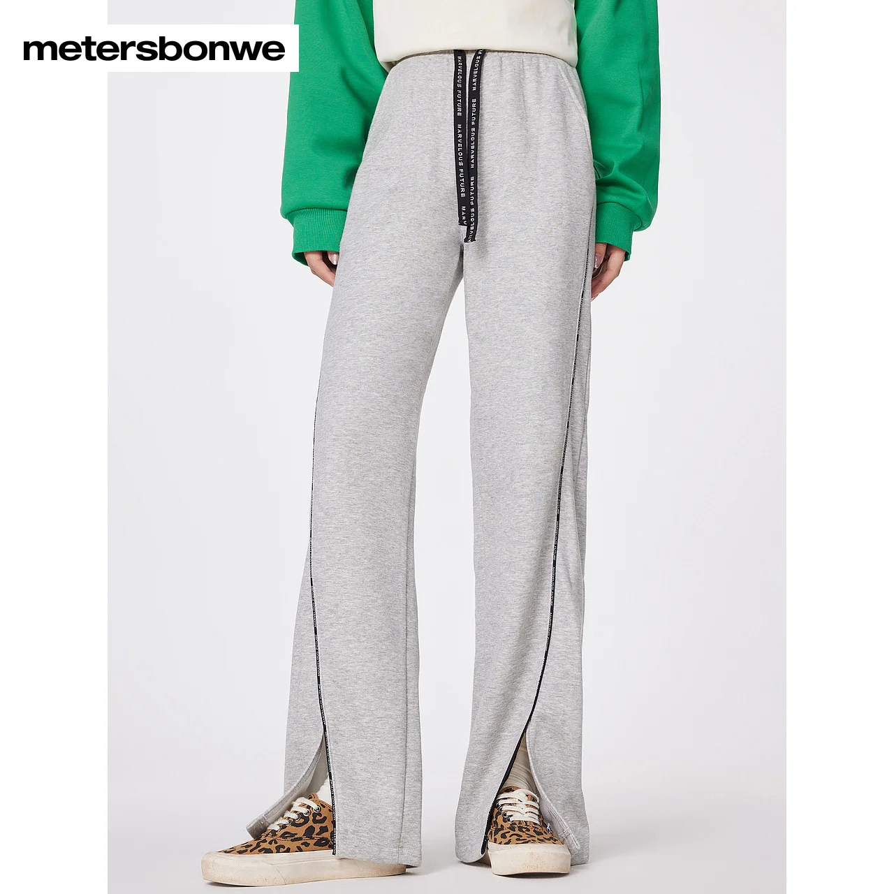 Metersbonwe-Women's Knit Trousers Straight Leg Fleesee-Lined Drawstring Waist Front-Slit Pants Comfort  Winter