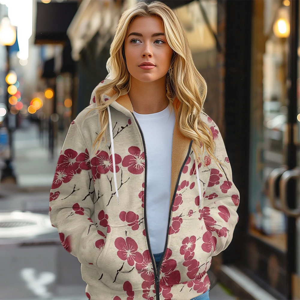 Women's Thick Hooded Jacket Sweatshirt, Vintage Flowers Printed Simple Pocket Zipper for Winter and Autumn, Outdoor Warmth