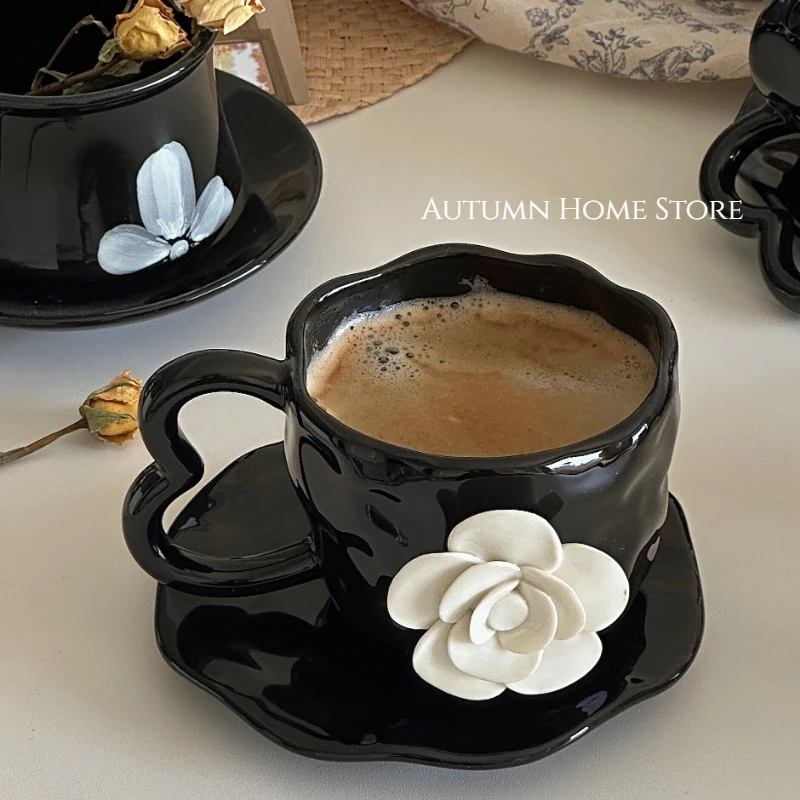 

Handmade 3D Camellia Flower Black Coffee Afternoon Tea Cup Plate Ceramic Cup Gift Cup