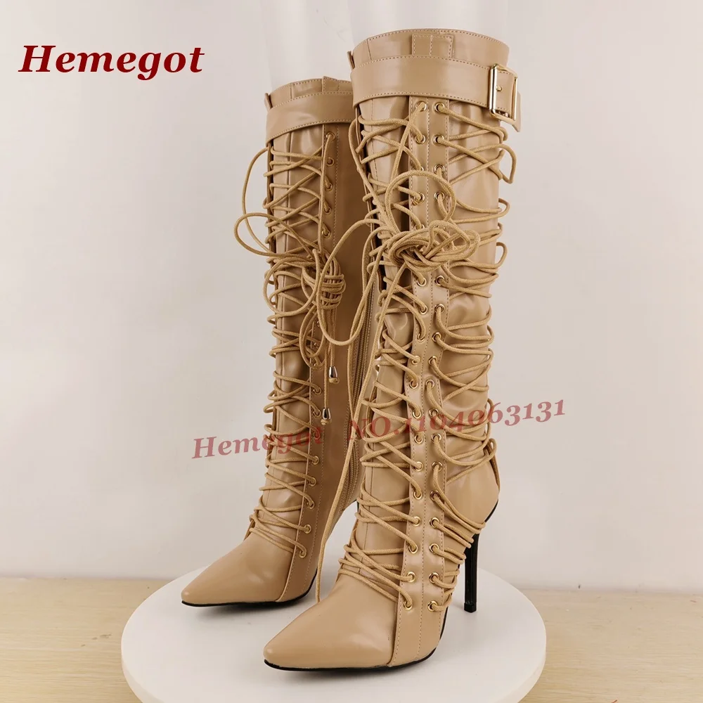 Botines de tacón de aguja fino con cordones delanteros y correa superior con hebilla, punta puntiaguda, patchwork, marrón, para mujer, botas altas hasta la rodilla, casuales