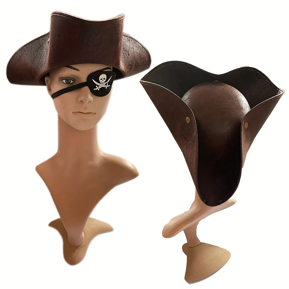 زي القراصنة، ملابس فاخرة، قبعة قرصان من الجلد الصناعي البني للبالغين، قبعة مثلثة للهالوين، إكسسوار زي قوطي #3