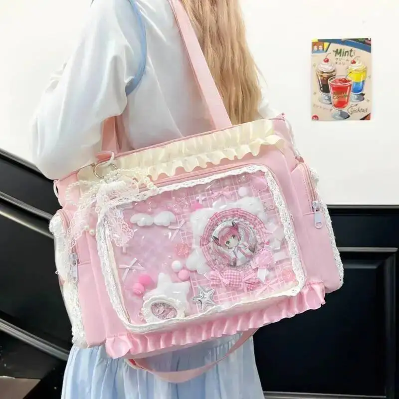 Y2k جديد الحلو Ita حقيبة كتف لوليتا فتاة شفافة حقيبة كروسبودي المرأة سعة كبيرة الدانتيل حمل حقيبة لطيف لتقوم بها بنفسك عرض حقيبة يد