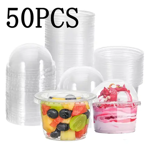 50PCS Disposable Transparent Plastic Cups Dome Flat Lids Milk Tea Cups Bowls Fruit Juice Coffee Ice Cream Cake Container