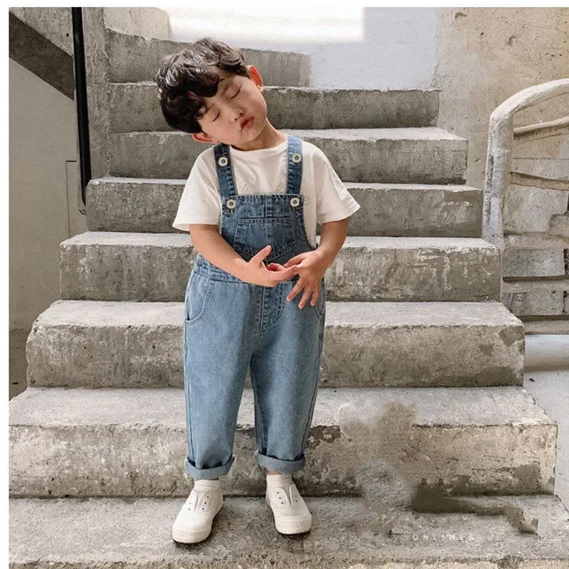 Spring Autumn Boys Girls Baby All-match Casual Jeans Light Color Denim Overalls Trendy Baby Thickened One-Pieces Denim Overalls