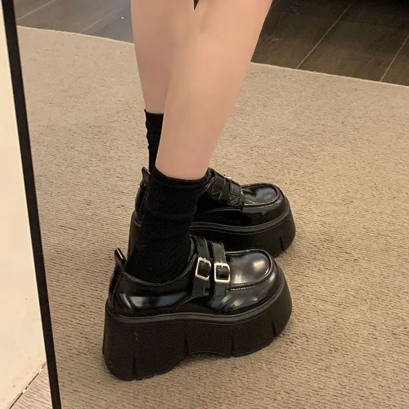 Women's Black Leather Loafer 2026 Retro British Style Metal Buckle Platform Heels for Petite Height Increasing
