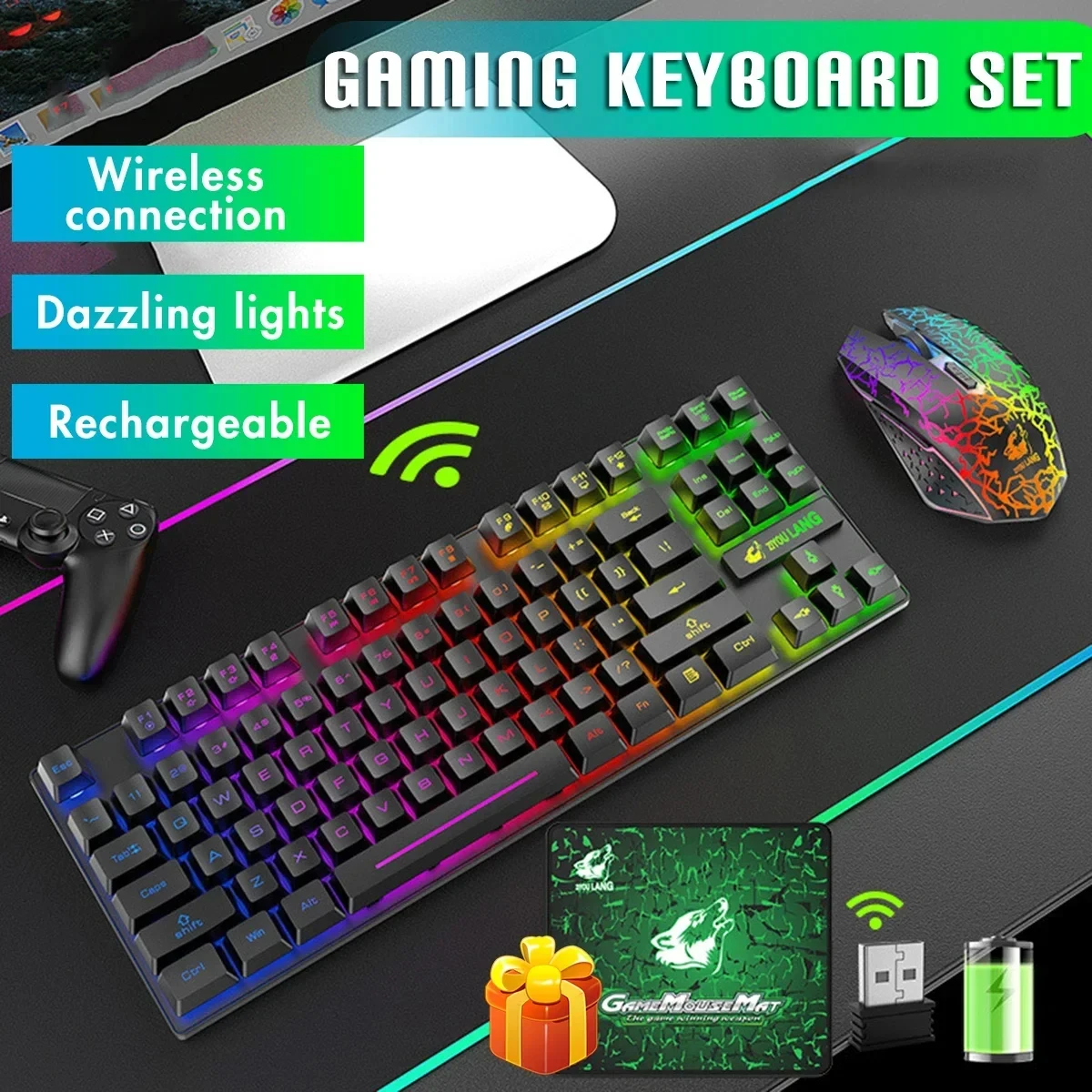 

Беспроводная клавиатура и мышь RGB 2,4G, переносная светодиодная подсветка, 87 клавиш, 2400 точек на дюйм, геймерский комплект для ноутбука, настольного ПК, компьютера