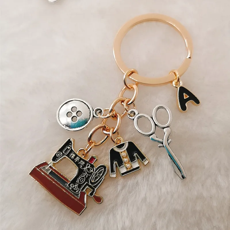 A-Z Letter Sewing Machine Keychain, Scissors and Clothes Tailor Keychain, Tailor-Made Keychain, Fashion Gift for Friends