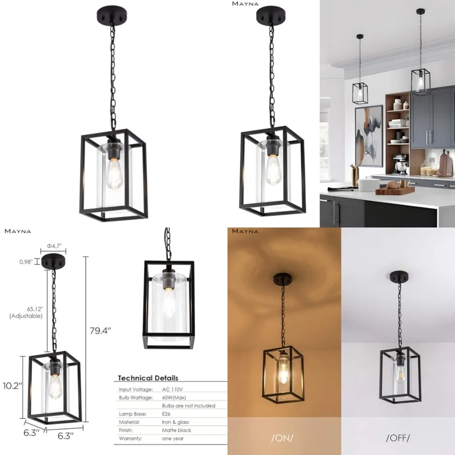 1-Light Farmhouse Pendant Light, Metal Cage Light Fixtures with Adjustable Chain and Glass Shade, Hanging Lights for Kitchen Is