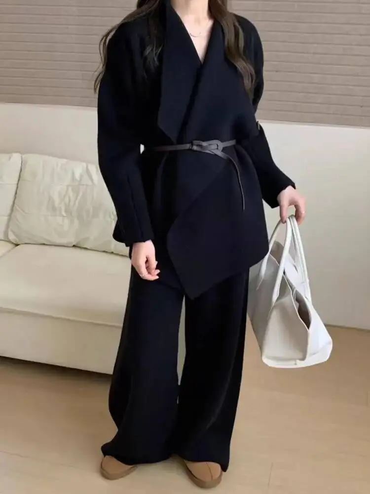 FANAN Elegant Knitted Set Korean Style Women's Fashion Cardigan Wide Leg Pants Two-Piece Set Autumn Winter New Warm Suits