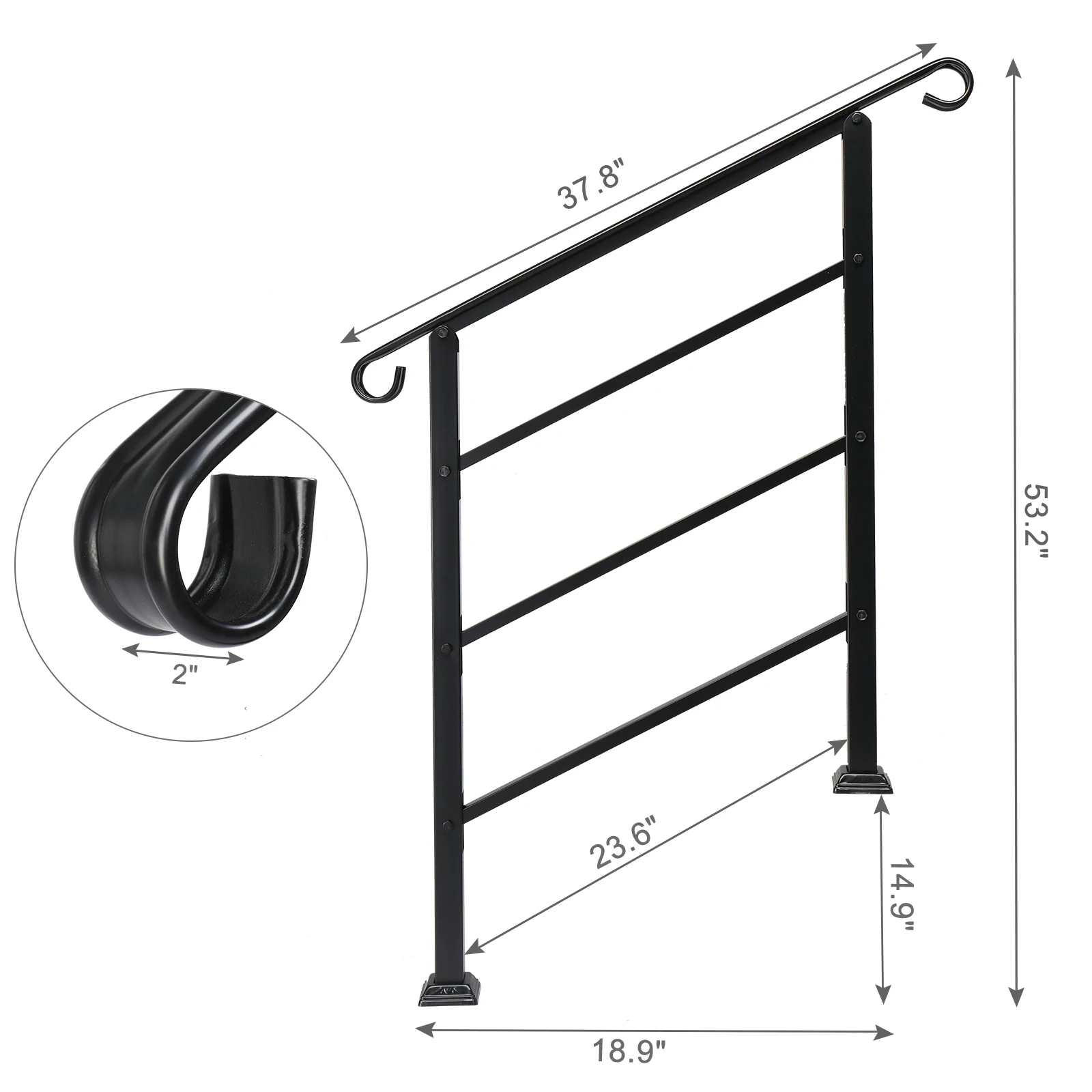 Corrimãos para degraus ao ar livre, corrimão de ferro forjado cabe em 1 ou 3 degraus, corrimão transicional com kit de instalação, preto