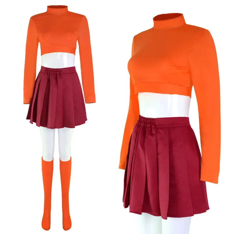 Anime Velma Cosplay Kostuum Film Karakter Oranje Uniform Halloween Kostuum Voor Vrouwen Meisjes Cosplay Kostuum Pruik