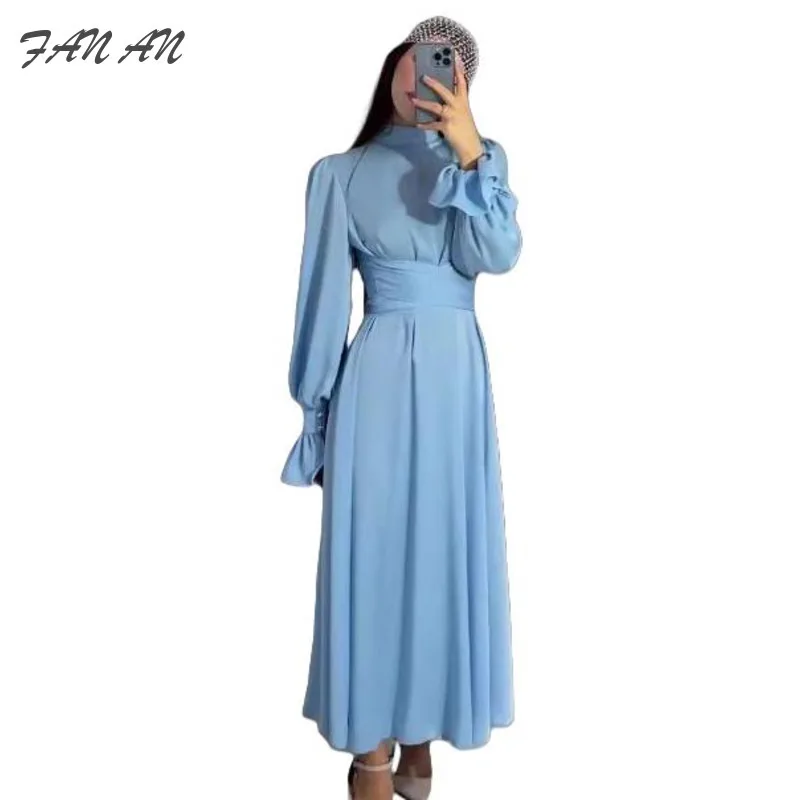 

Autumn Winter New Long Sleeved Waist Tied Bubble Sleeve Solid Color Fairy Style Elegant Dress For Women Mid To Long Length Dress