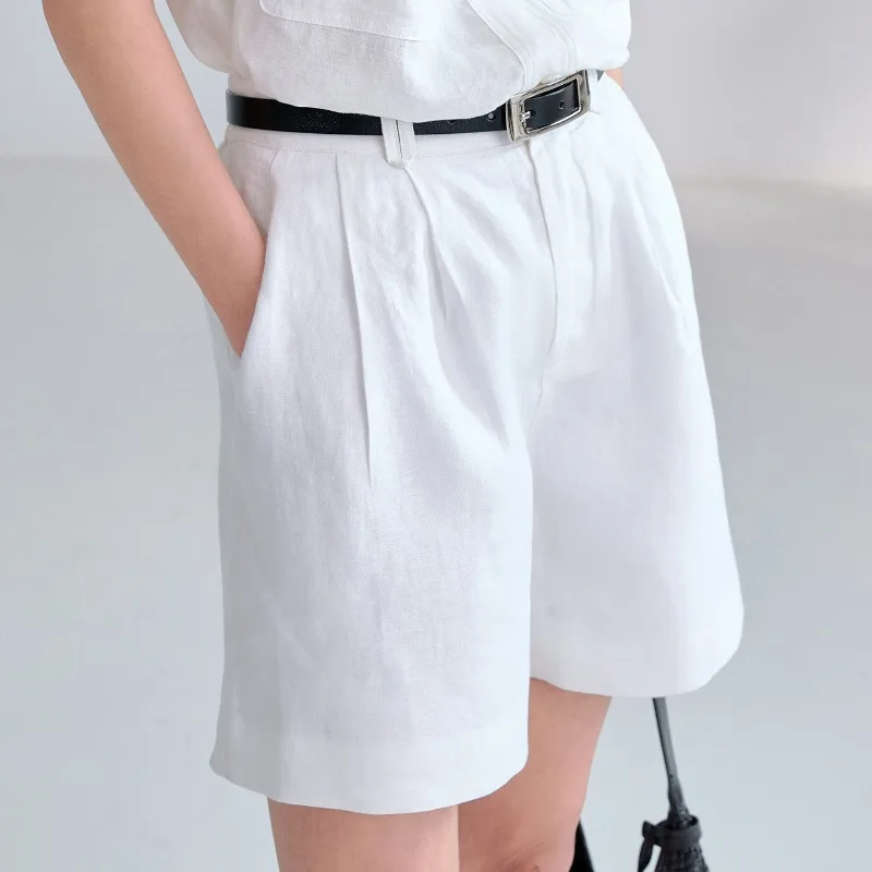 High-Quality 100% Linen Women's Shorts 2026 Summer New Office Ladies Twill Soft And Loose High-Waisted Straigh Pants Girl Shorts