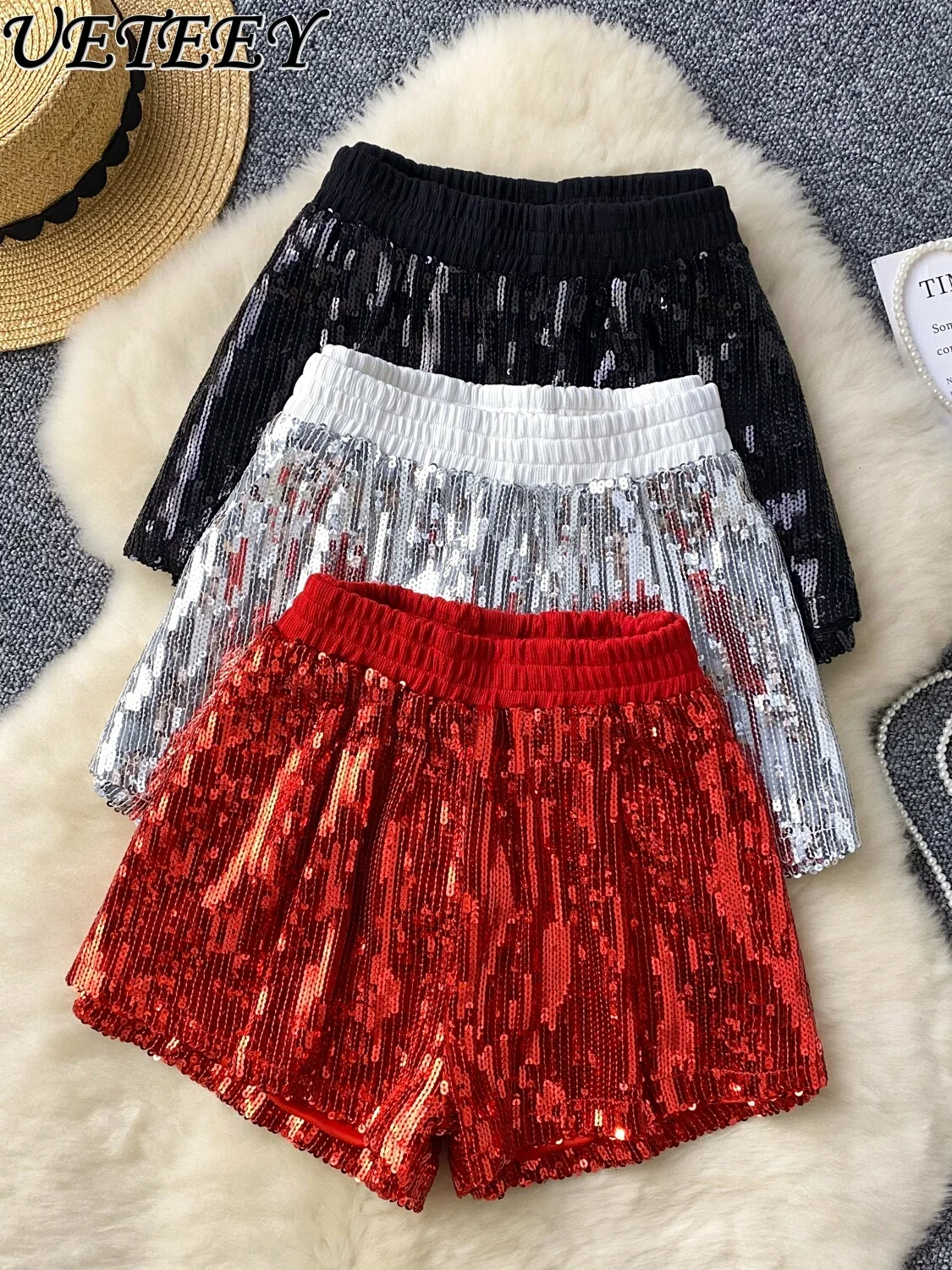 Heavy Embroidery Sequins Shiny Shorts Women Elastic Waist Slimming A- Line Wide Leg Shorts 2024 Summer New Casual Short Pants