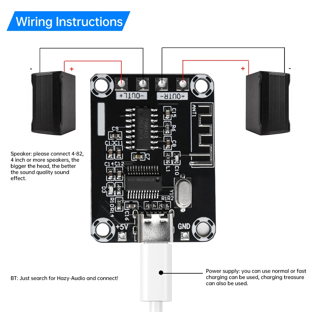 DC5V 5W+5W Bluetooth Power Amplifie Module PAM8403 Stereo Class D Audio Power Amplifier Chip BT5.0 Support 4-8ω Speaker