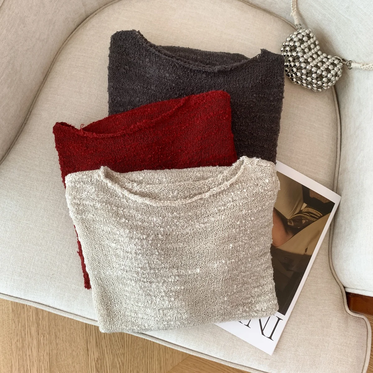 Suéter de punto calado suave y largo para mujer, Top de otoño cómodo y holgado, prendas de punto de algodón versátiles rojas Lazy Sle