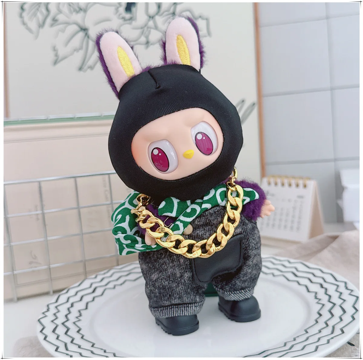 Para labubu roupas noite role-play saco de cabeça preta ladrão labubu acessórios na moda calças de carga diy equipamentos conjunto sem bonecas