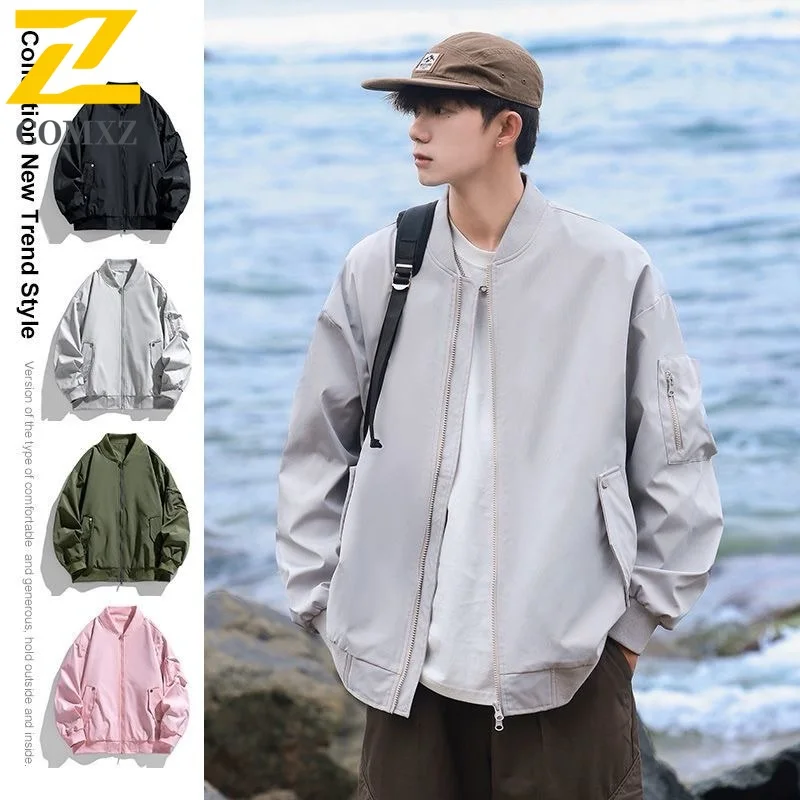 

COMXZ Мужская куртка Повседневная бейсбольная куртка с воротником Американская мода Удобная мотоциклетная куртка для отдыха и путешествий Легкое осеннее пальто