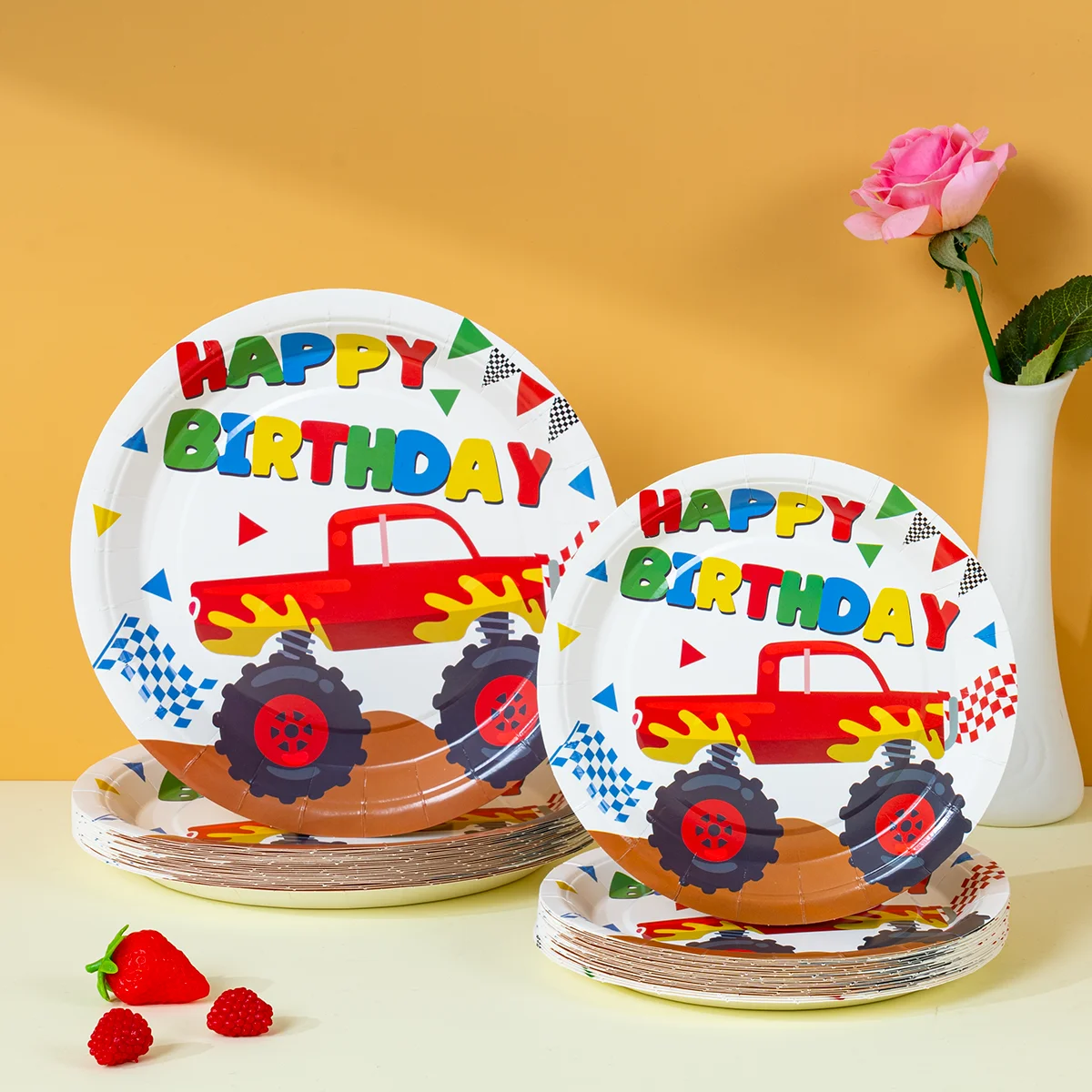 Monster Truck Happy Birthday Einweg-Pappteller, Runde Pappteller für Themenpartys und Feiern