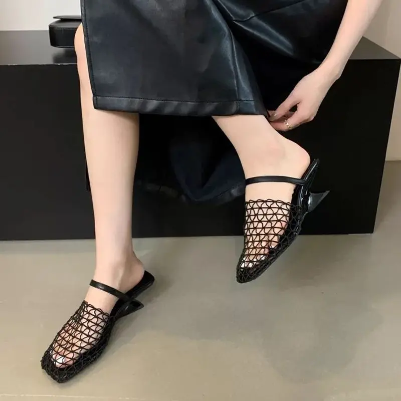 

Women Shoes Year 2026 Closed Toe Roman Sandals Mules Woven Fishing Net Hollow Out Breathable Wedge Heel 5cm Niche