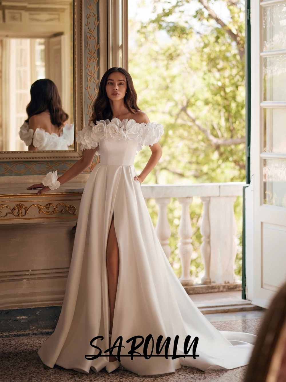 3D Flowered Off Shoulder Wedding Dress Flowy A Line Satin Customized Bridal Gown Elegant Fitted Waist Gorgeous Bride Wear