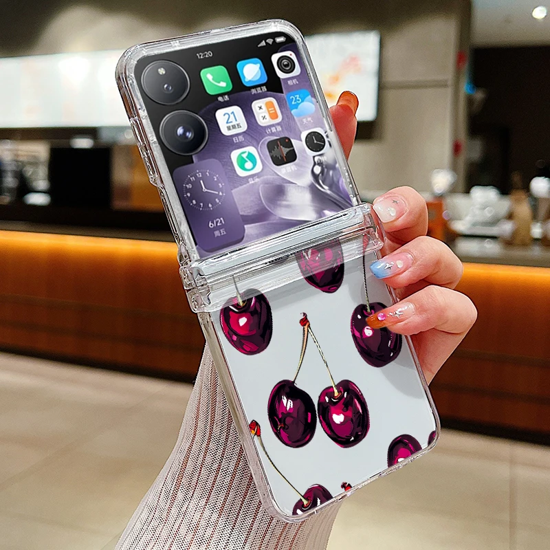 Funda transparente para teléfono Xiaomi Mix Flip 2 con diseño de cereza roja vino, a prueba de golpes, de PC rígido, plegable y transparente para Xiaomi Mix Flip