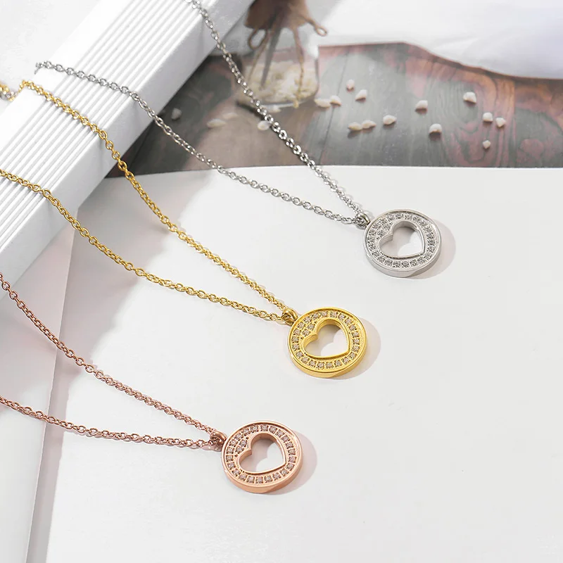 

Trendy Rhinestone Round Heart Pendant Necklace For Women Gold Silver Rose-gold Color Stainless Steel Choker Chains Jewelry Party