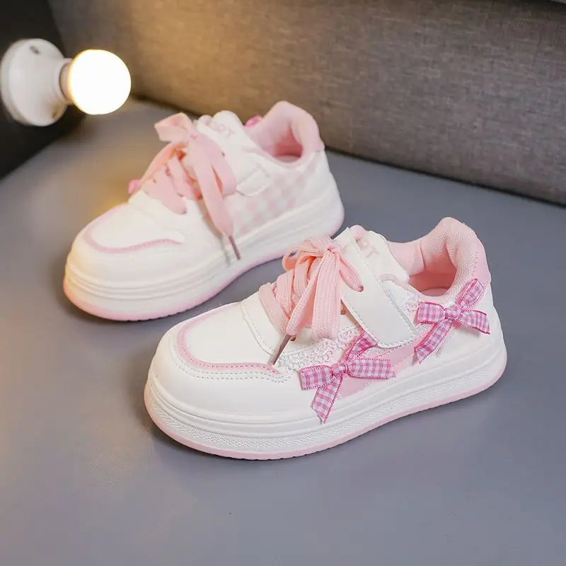 

2026 Spring Autumn New Girls Bow Design Preppy Sneakers Fashion Leather Casual Versatile Kids Sport Shoes