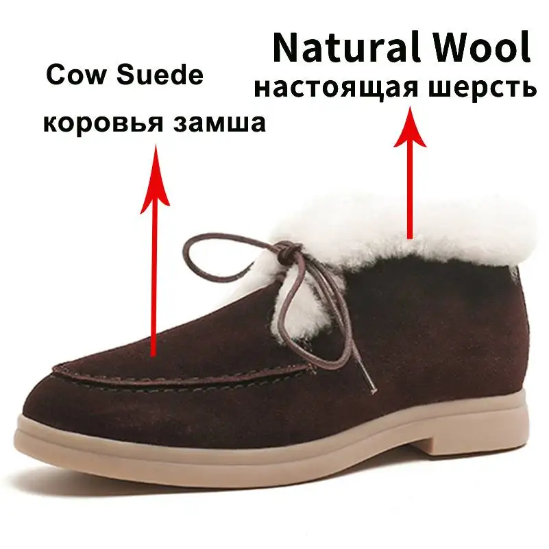 Meotina Women Natural Wool Shoes Genuine Leather Ankle Boots Cow Suede Flat Snow Boots Round Toe Lace Up Ladies Boots Winter 41