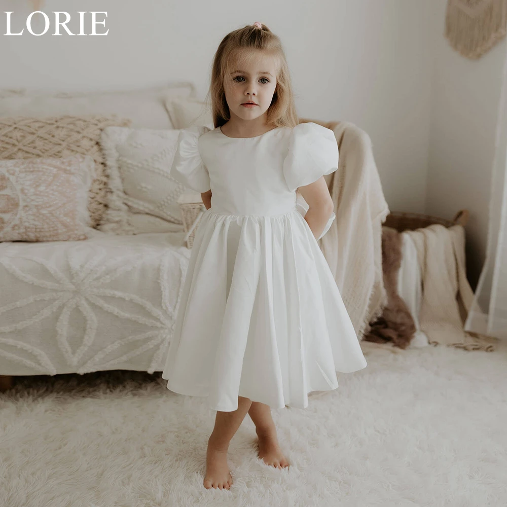 

LORIE Chic Satin Flower Girl Dresses A-Line Puff Sleeves O-Neck Tea Length Wedding Party Dress Simple Birthday Dress Customized