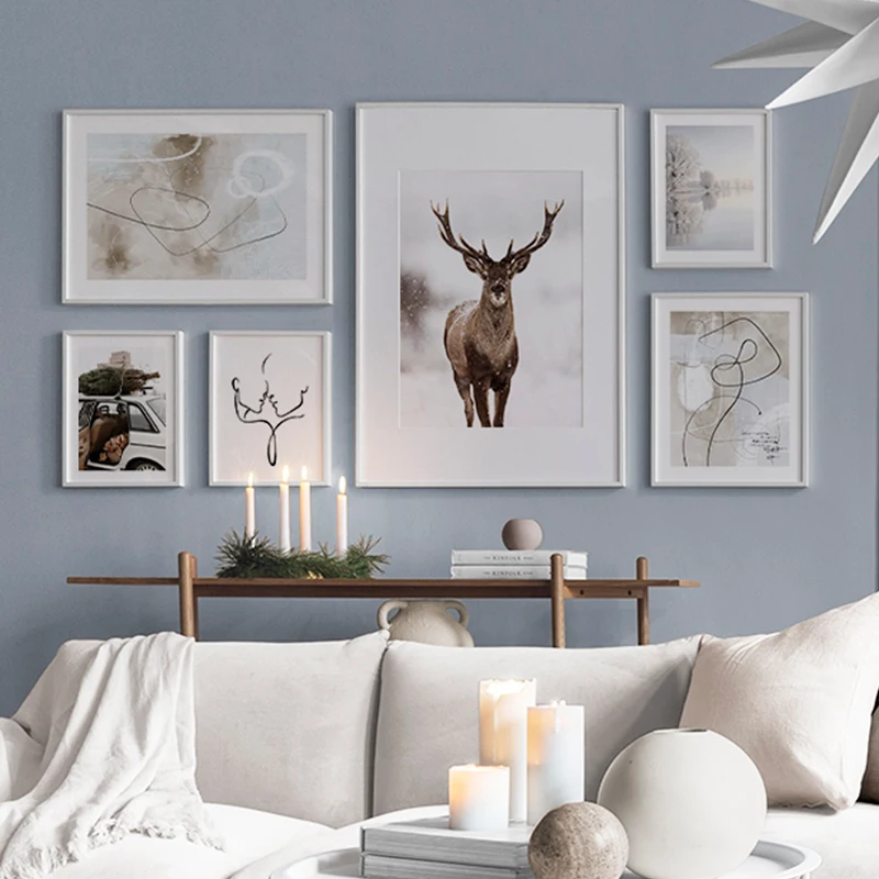 

Winter Deer Snowy Landscape Couple Kiss Abstract Lines Canvas Print Art Poster Decorative Wall Paintings Living Room Pictures