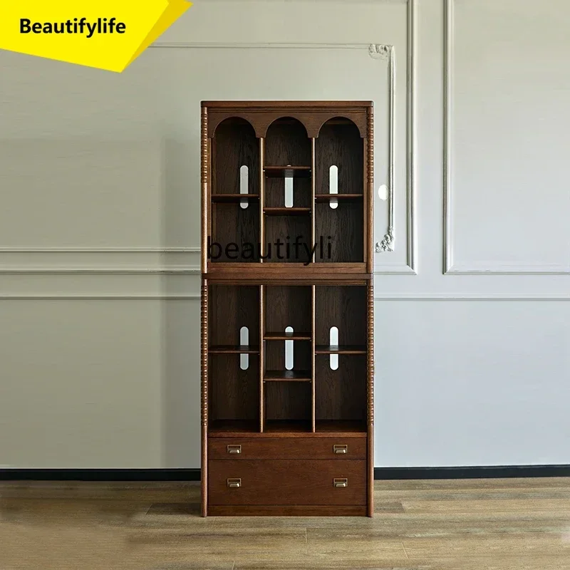 

Q181 BFrench retro solid wood bookcase integrated whole wall combination cabinet, all solid wood full wall bookcase living room