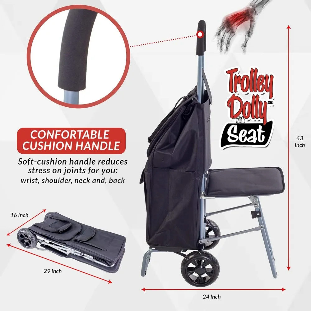 Trolley Dolly with Seat, Black Shopping Grocery Foldable Cart Tailgate