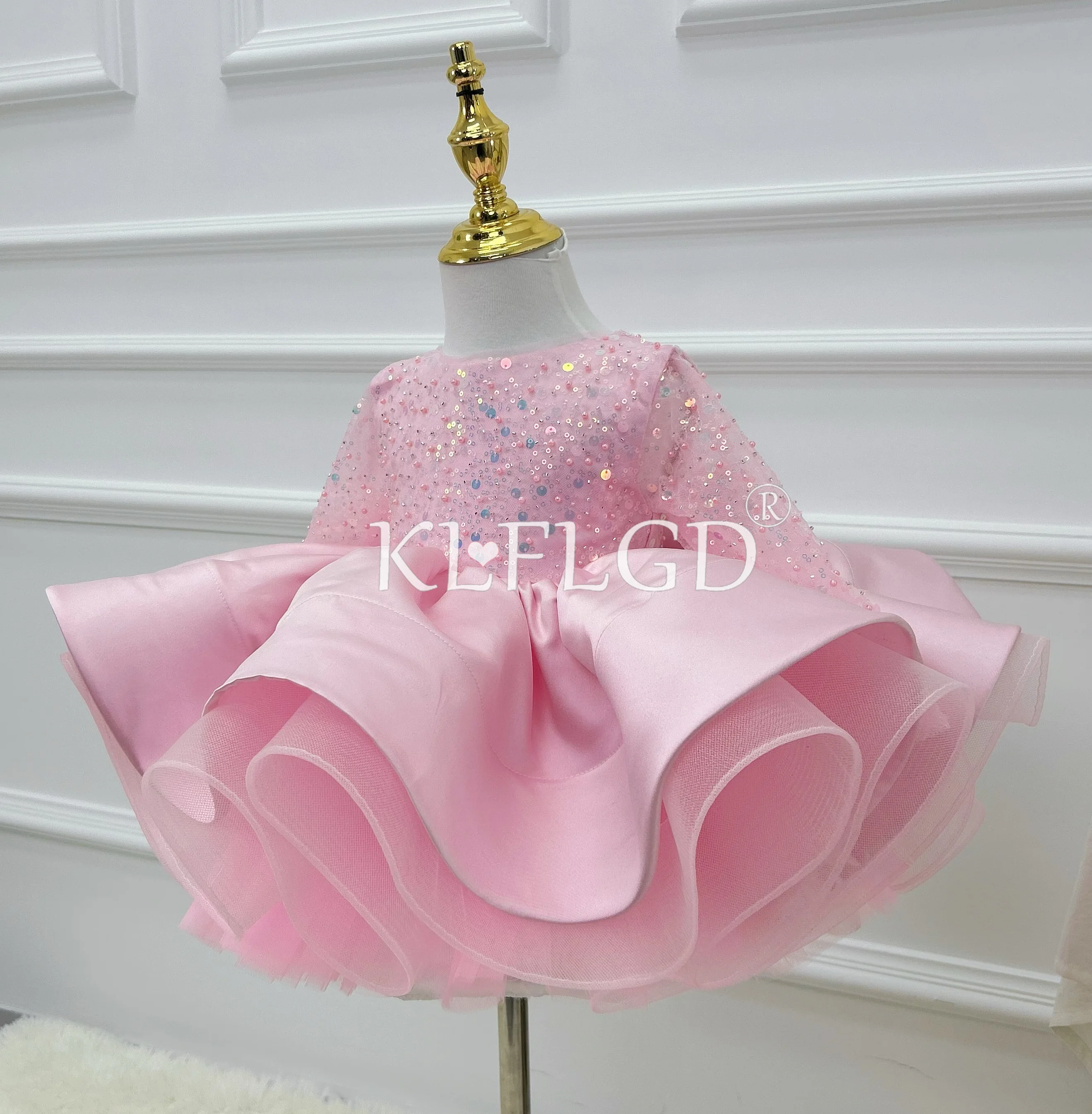 New Sequin Long-Sleeved Little Girl Wedding Dress for Wedding Children First Christmas Dinner Big Butterfly Fluffy Dance Dress