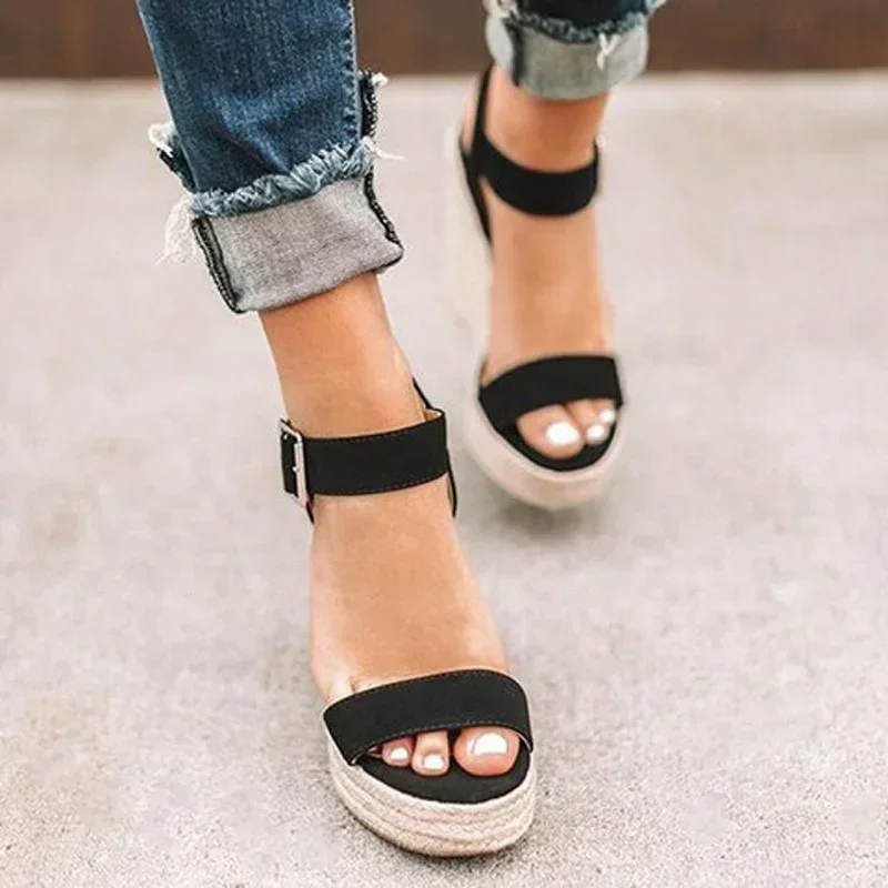 Wedge Sandals 2024 Fashion Weave Platform Plus Size High Heel Sandalias Thick Bottom Retro Open Toe Ladies Shoes