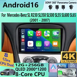Android 16 Carplay BT For Mercedes-Benz SL R230 SL350 SL500 SL55 SL600 SL65 2001 2002 - 2007 Multimedia Car Radio Player WIFi+4G