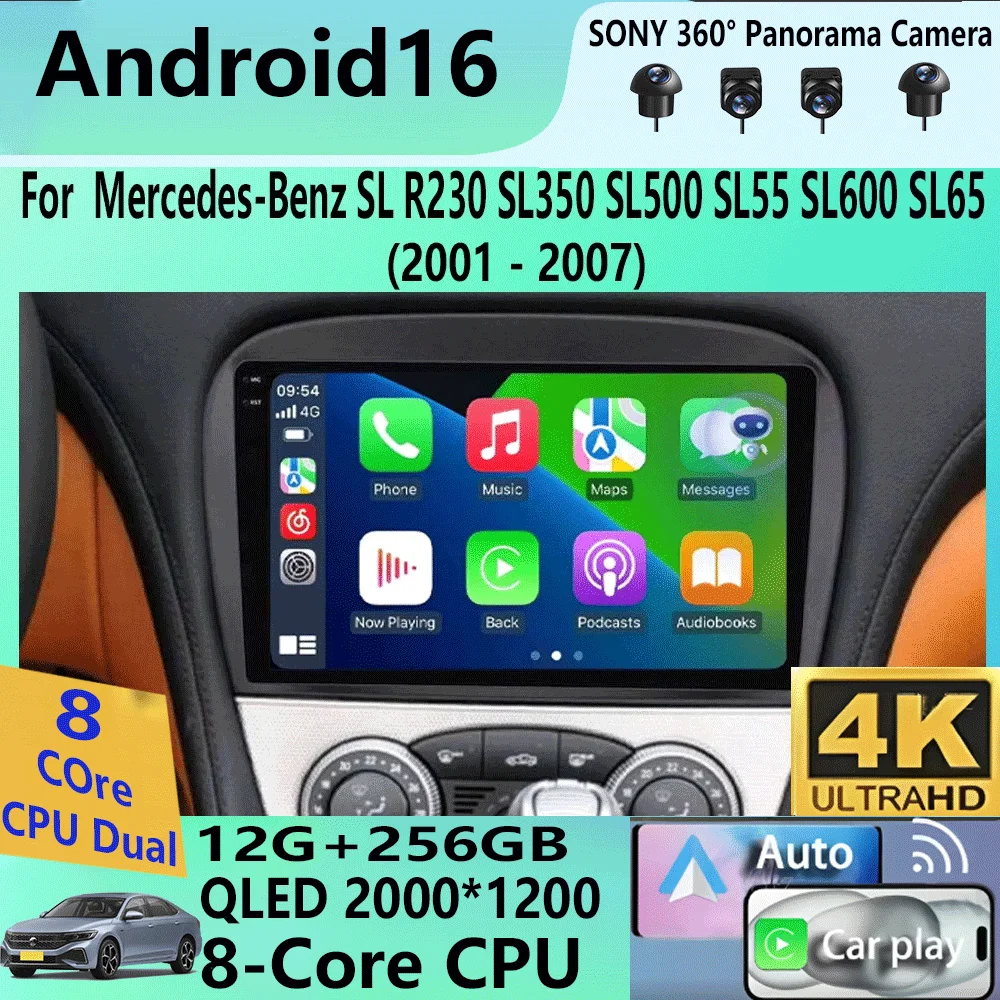 Android 16 Carplay BT For Mercedes-Benz SL R230 SL350 SL500 SL55 SL600 SL65 2001 2002 - 2007 Multimedia Car Radio Player WIFi+4G