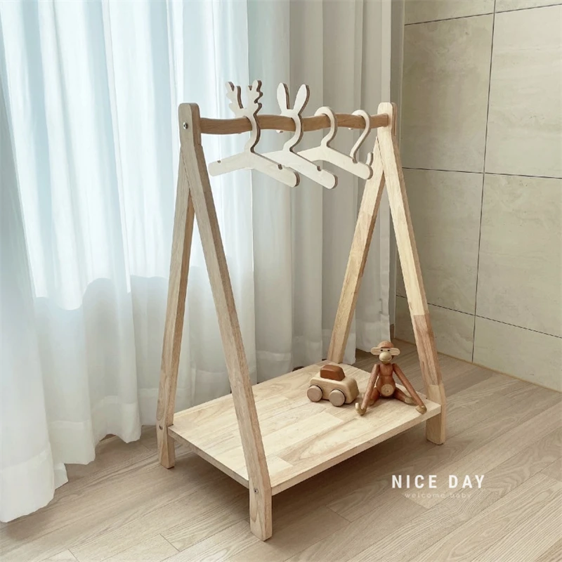 Korean INS Children's Room Solid Wood Clothes Hanger Floor to Floor Bedroom Clothes Hanger Easy Indoor  Clothes Hanger