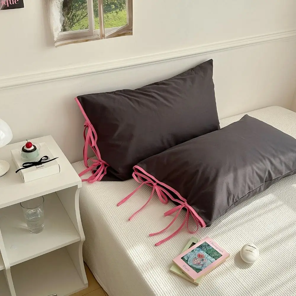

2PCS Comfortable Solid Color Bow Pillow Cover Soft Nordic Style Cotton Pillowcases Breathable Washable Pillow Case Kids Room