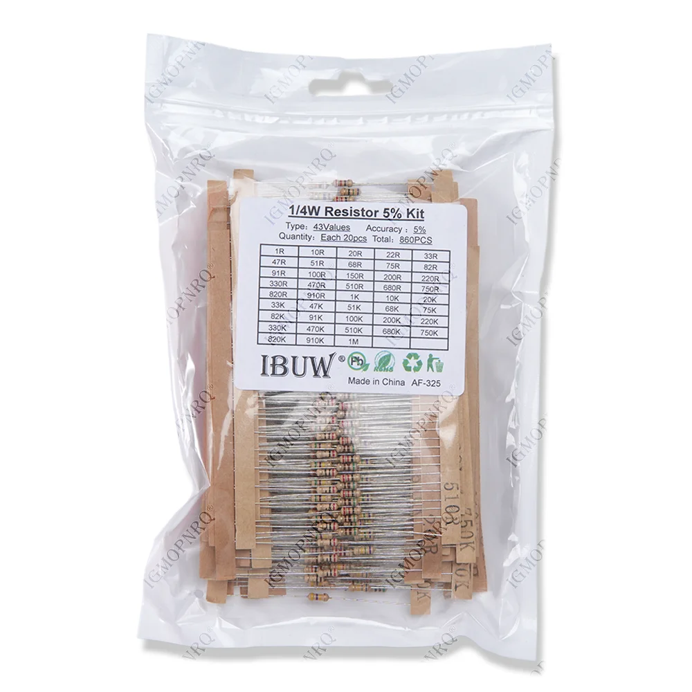 860 قطعة/الوحدة طقم المقاوم من فيلم الكربون 1/4 واط 5% المقاومات مجموعة متنوعة 43 قيم * 20 قطعة المقاومة 1R-1 متر أوم 0.25 واط المقاوم حزمة