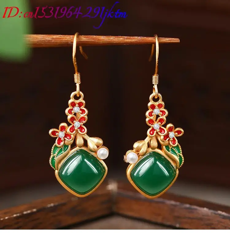 الأخضر الطبيعي اليشم زهرة الأقراط الاكسسوارات خمر سحر 18K مطلية بالذهب مصمم الأزياء الفاخرة التعويذات المجوهرات الحقيقية #4