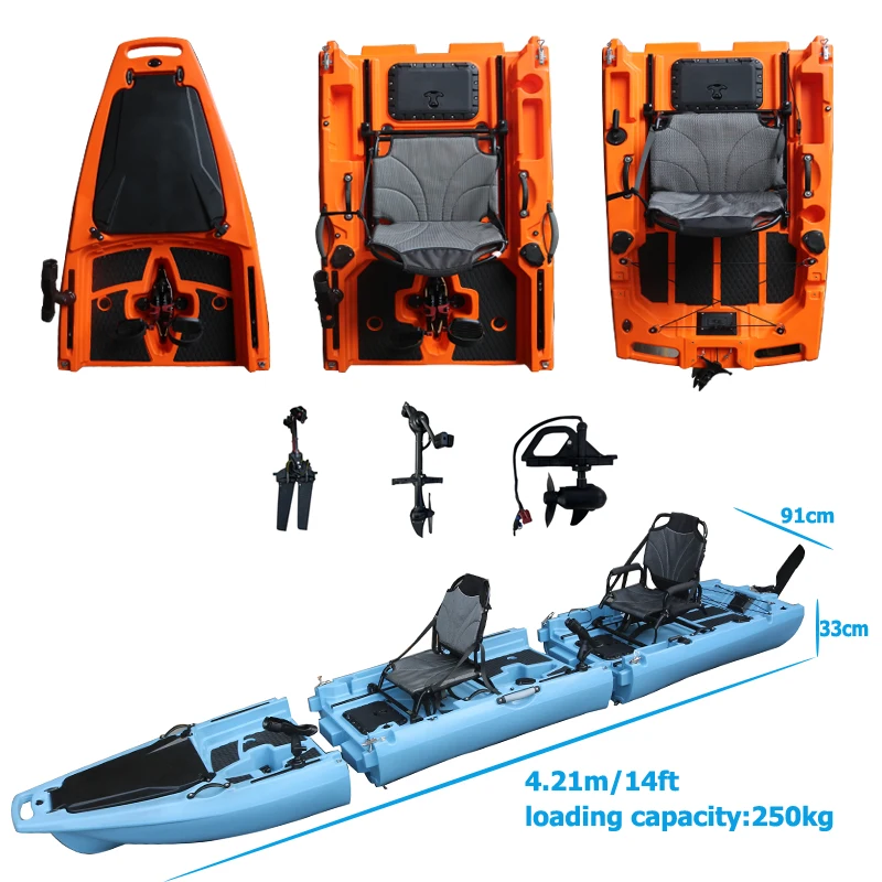 14FT 2 Person Detachable  Pedal Kayak Sit-On-Top Double Seats HDPE Plastic Fishing Modular Kayak tandem Boat with Electric Motor