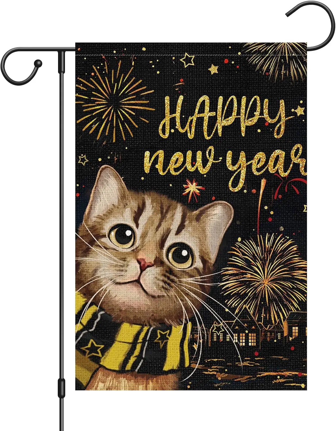 Bandeira de Jardim Feliz Ano Novo 12x18 Polegadas Dupla Face para Exterior, Pequena de Serapilheira com Gato, para Feriados de Ano Novo, Quinta e Jardim Externo D TTW GGO