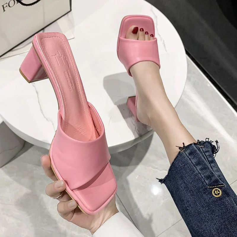 2024 Sexy Mules Shoes Women Square Heel Slippers Women Summer High Heels Square Toe Sandals Slides Ladies Shoes White Black