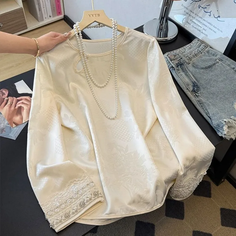 Women New Chinese Style Jacquard Satin Blouse Long Sleeve Beaded Embroidery Vintage Elegant National Chic Top