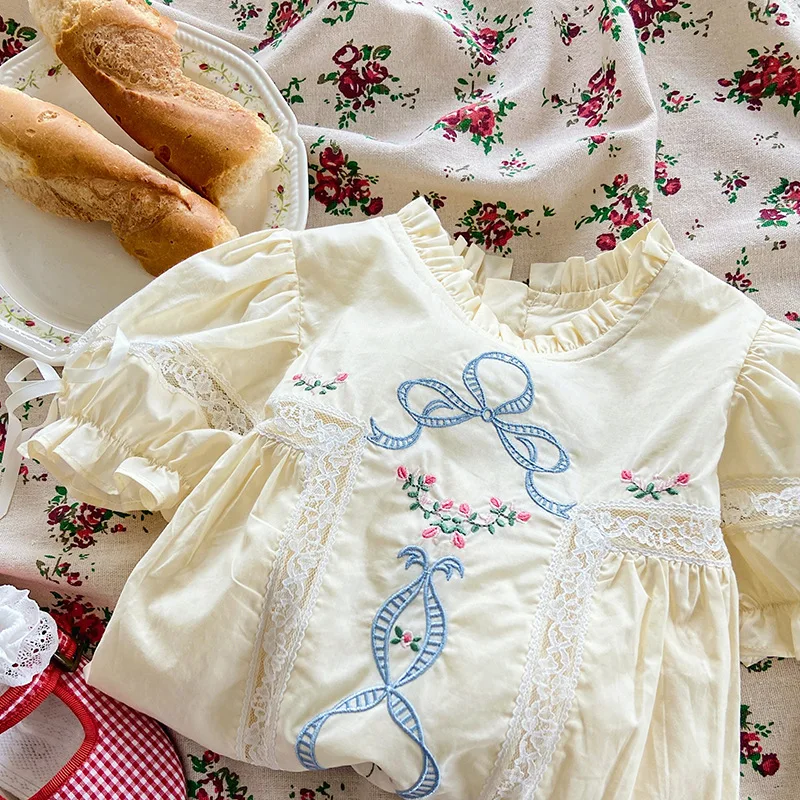 Bow Embroidery Lace Girls\' Dress Summer Stand Up Collar Temperament Short Sleeved Children\'s Princess Kids Dresses for Girls