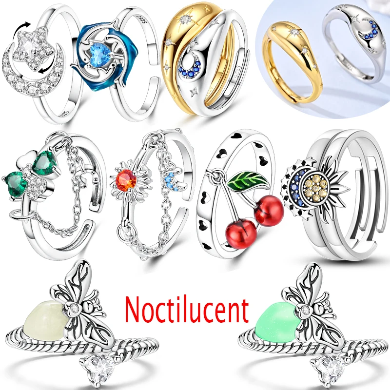 

925 Sterling Silver Adjustable Open Ring Rotatable Dolphin Blue Zircon Ring for Women Wedding Anniversary Gift Jewelry