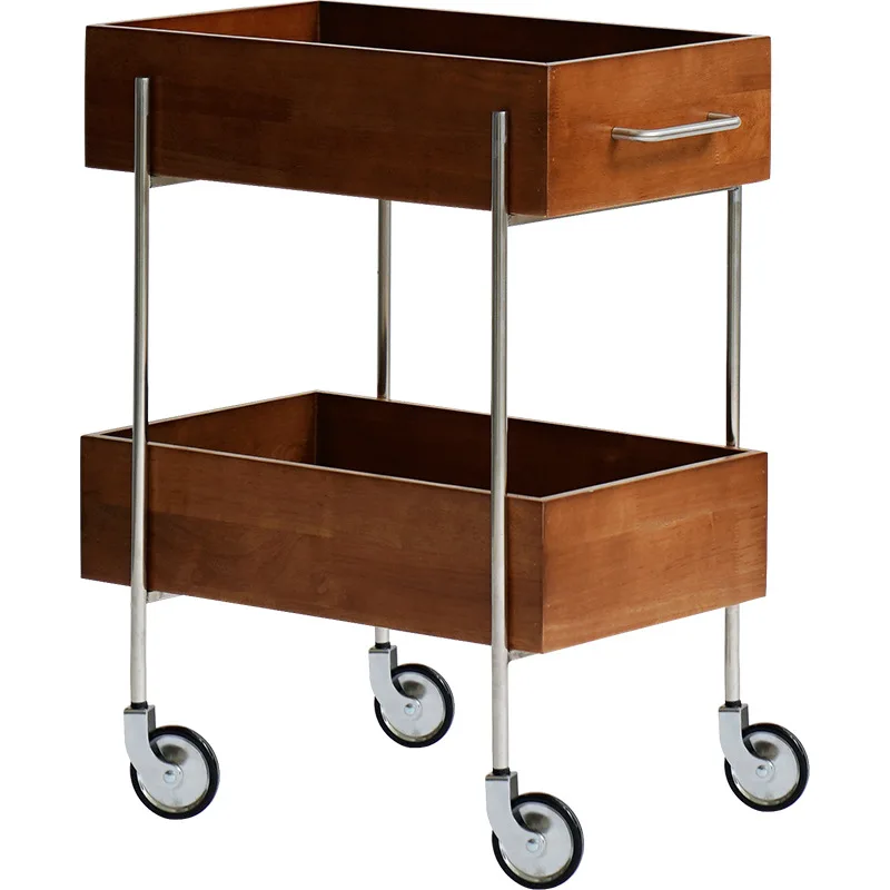

Medieval stainless steel trolley movable double-layer shelf log living room sofa